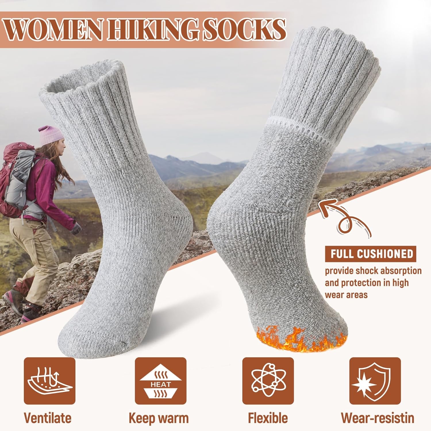 Women Wool Socks Thick Thermal Hiking Warm Winter Crew Cushion Cozy Work Boot Socks 5 Pairs