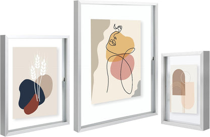 Silver Floating Picture Frame for 11X14, 2-8X10, 4-5X7 Photos, Metal, Modern or Contemporary, Wall Mount