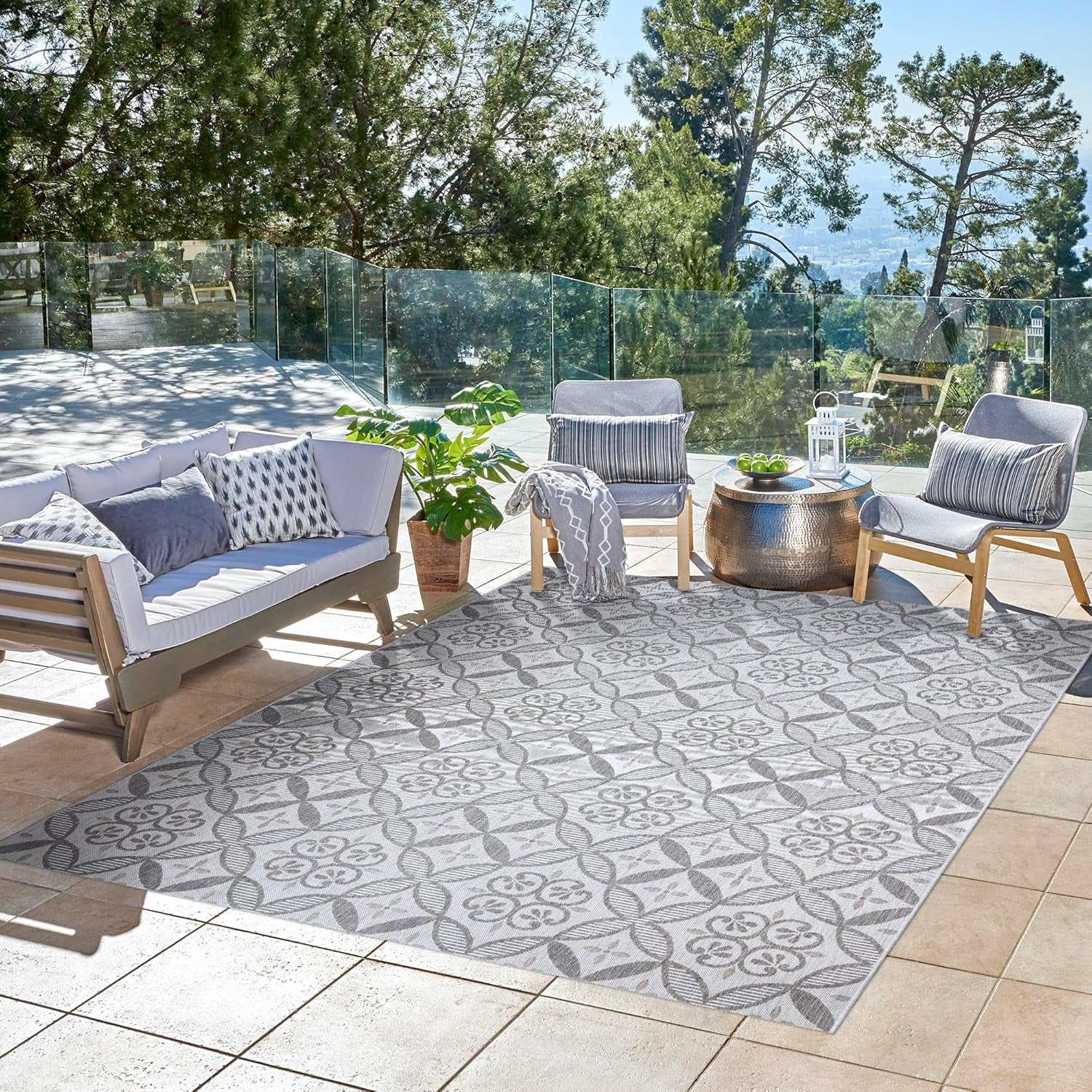 Indoor/Outdoor Flatweave Area Rug - 8X10 Large, Stain & UV Resistant, Ideal for Deck, Patio, Poolside, Mudroom - Niala Floral Ash, Steel, 25445