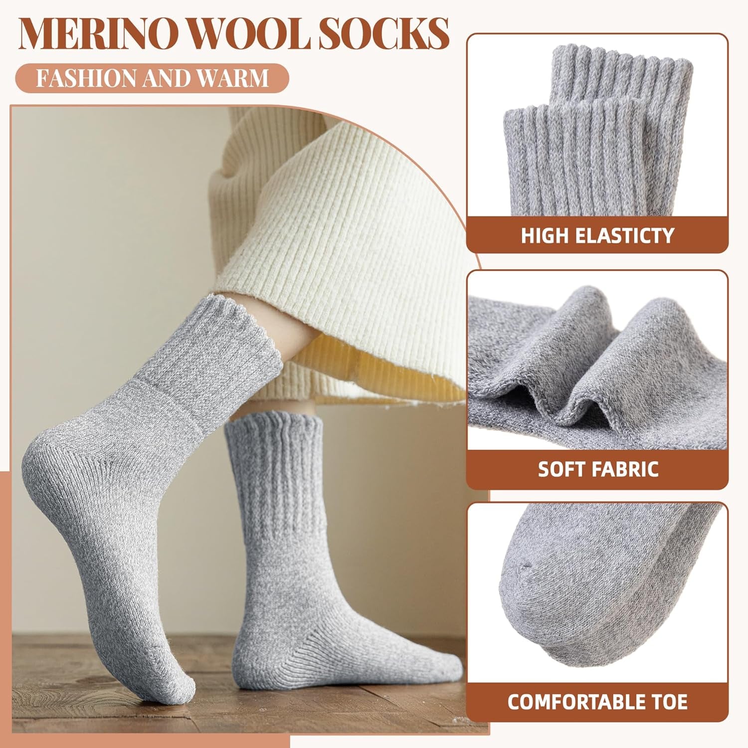 Women Wool Socks Thick Thermal Hiking Warm Winter Crew Cushion Cozy Work Boot Socks 5 Pairs