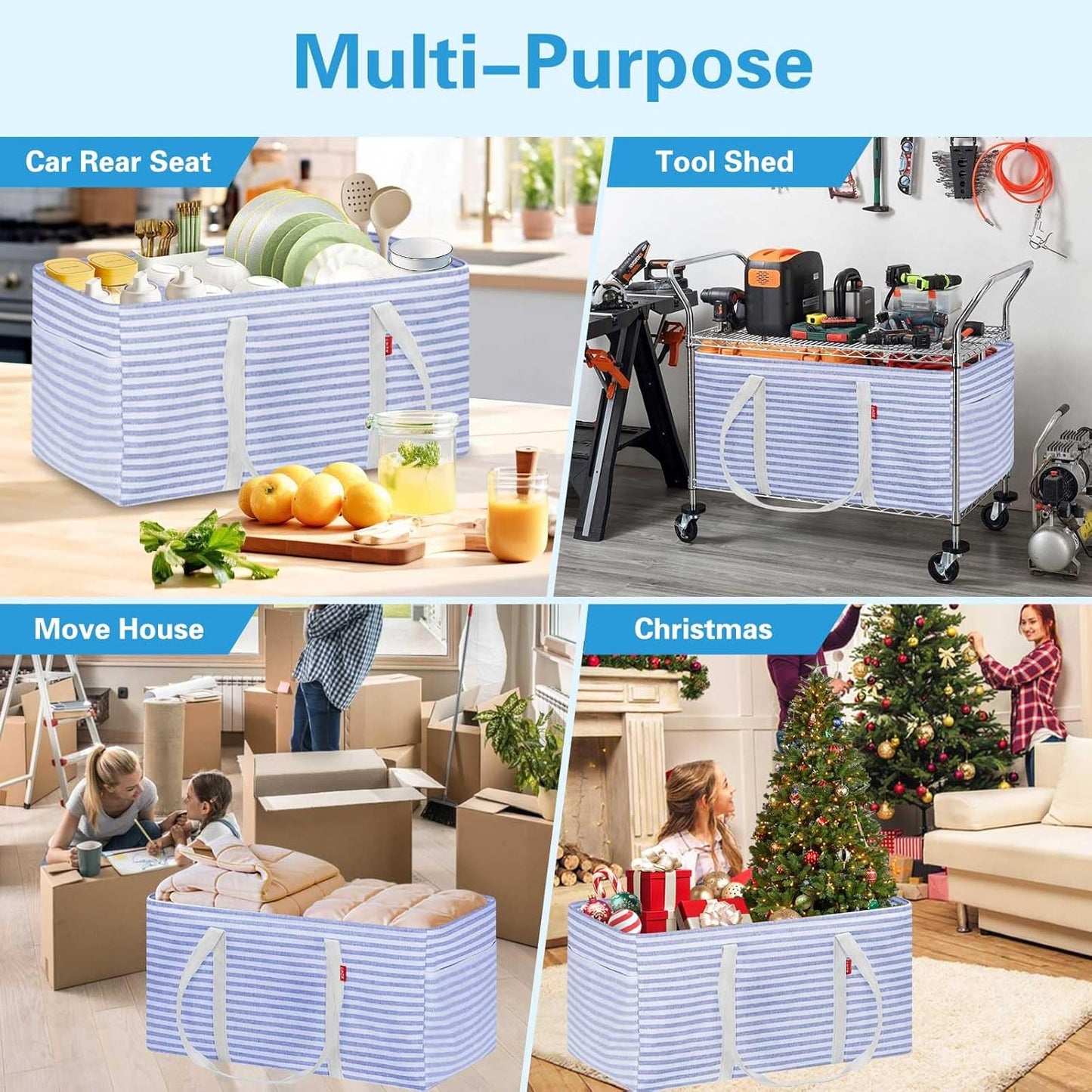 2 Pack Extra Large Utility Tote Bag with Metal Wire Frame and the Sides Rinforced, Extra Large Tote Bag with Handle, Reusable Grocery Bags Foldable, Beach Bag, Car Tote (Blue, 26''X15''X13'')