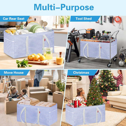 2 Pack Extra Large Utility Tote Bag with Metal Wire Frame and the Sides Rinforced, Extra Large Tote Bag with Handle, Reusable Grocery Bags Foldable, Beach Bag, Car Tote (Blue, 26''X15''X13'')