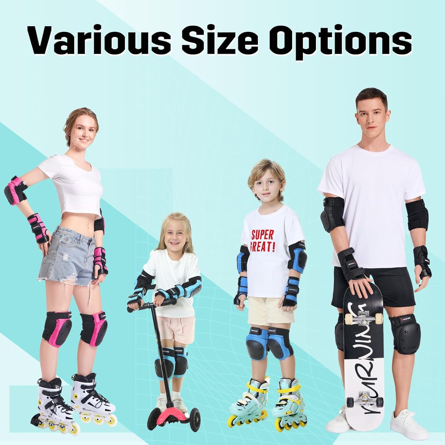 Adult/Kids Knee Pads Elbow Pads Wrist Guards 6 in 1 Protective Gear Set for Inline Roller Skating Skateboarding Scooter BMX Etc.