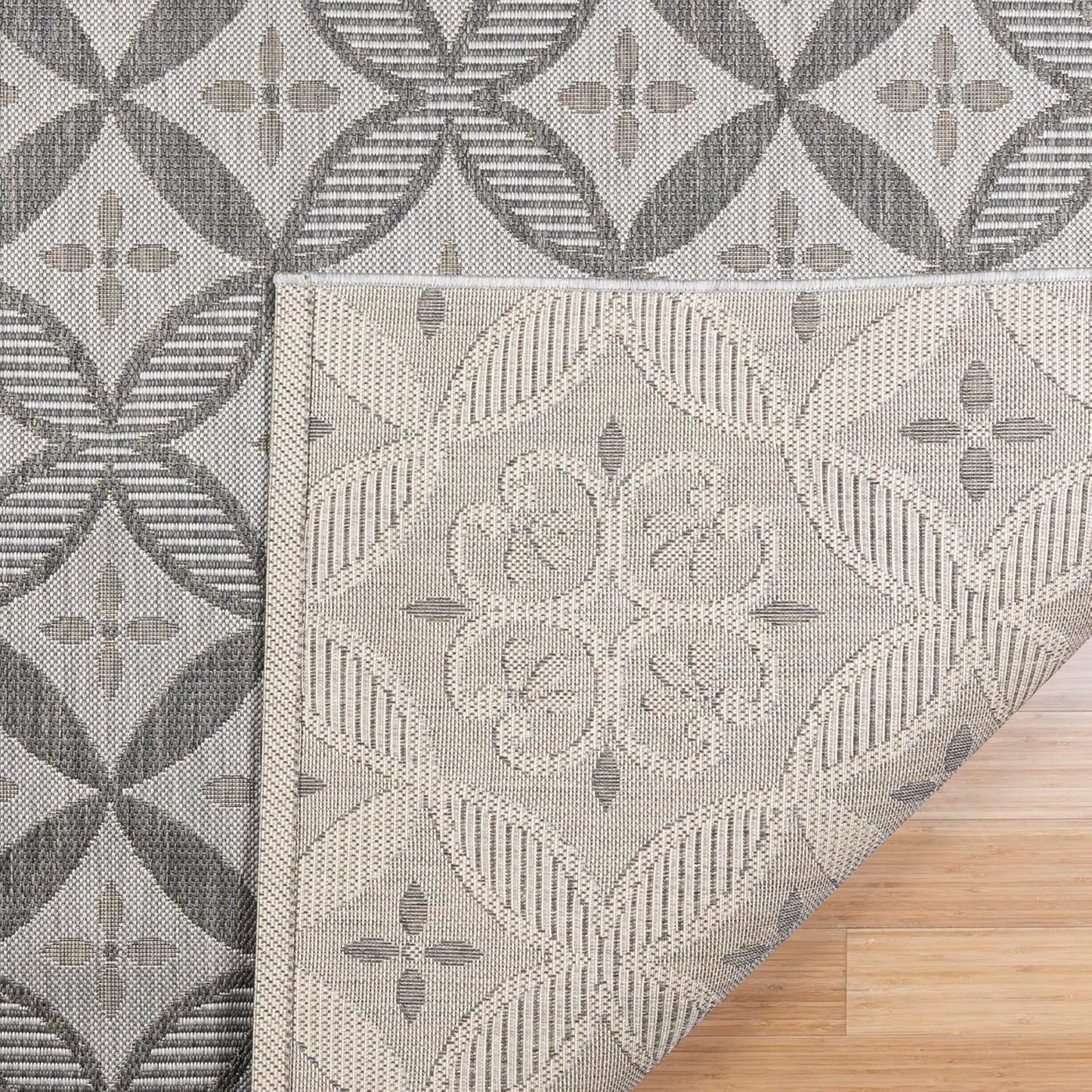 Indoor/Outdoor Flatweave Area Rug - 8X10 Large, Stain & UV Resistant, Ideal for Deck, Patio, Poolside, Mudroom - Niala Floral Ash, Steel, 25445