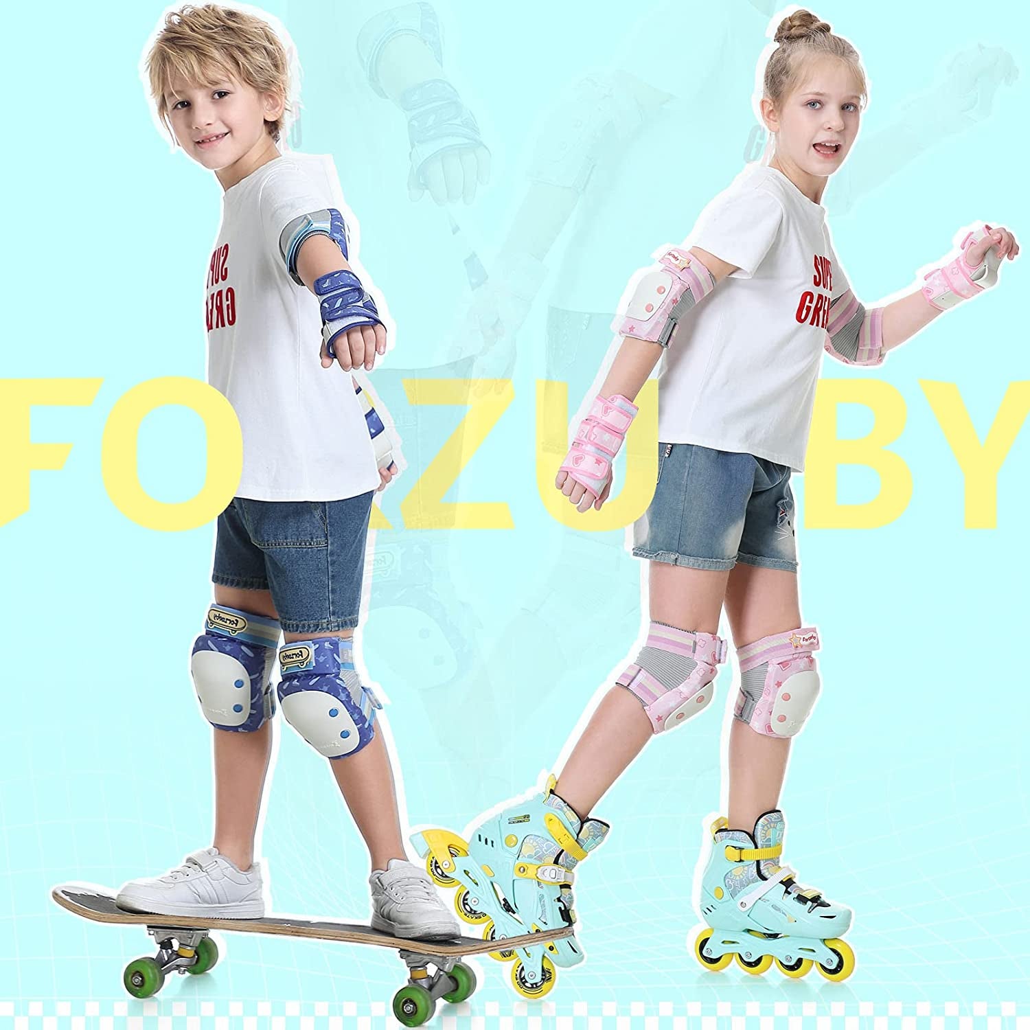 Adult/Kids Knee Pads Elbow Pads Wrist Guards 6 in 1 Protective Gear Set for Inline Roller Skating Skateboarding Scooter BMX Etc.