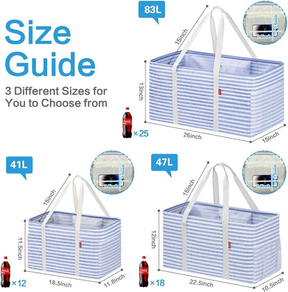 2 Pack Extra Large Utility Tote Bag with Metal Wire Frame and the Sides Rinforced, Extra Large Tote Bag with Handle, Reusable Grocery Bags Foldable, Beach Bag, Car Tote (Blue, 26''X15''X13'')