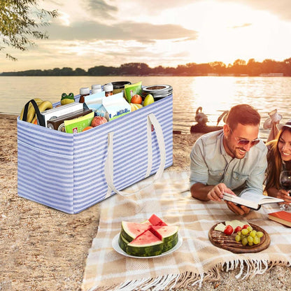 2 Pack Extra Large Utility Tote Bag with Metal Wire Frame and the Sides Rinforced, Extra Large Tote Bag with Handle, Reusable Grocery Bags Foldable, Beach Bag, Car Tote (Blue, 26''X15''X13'')