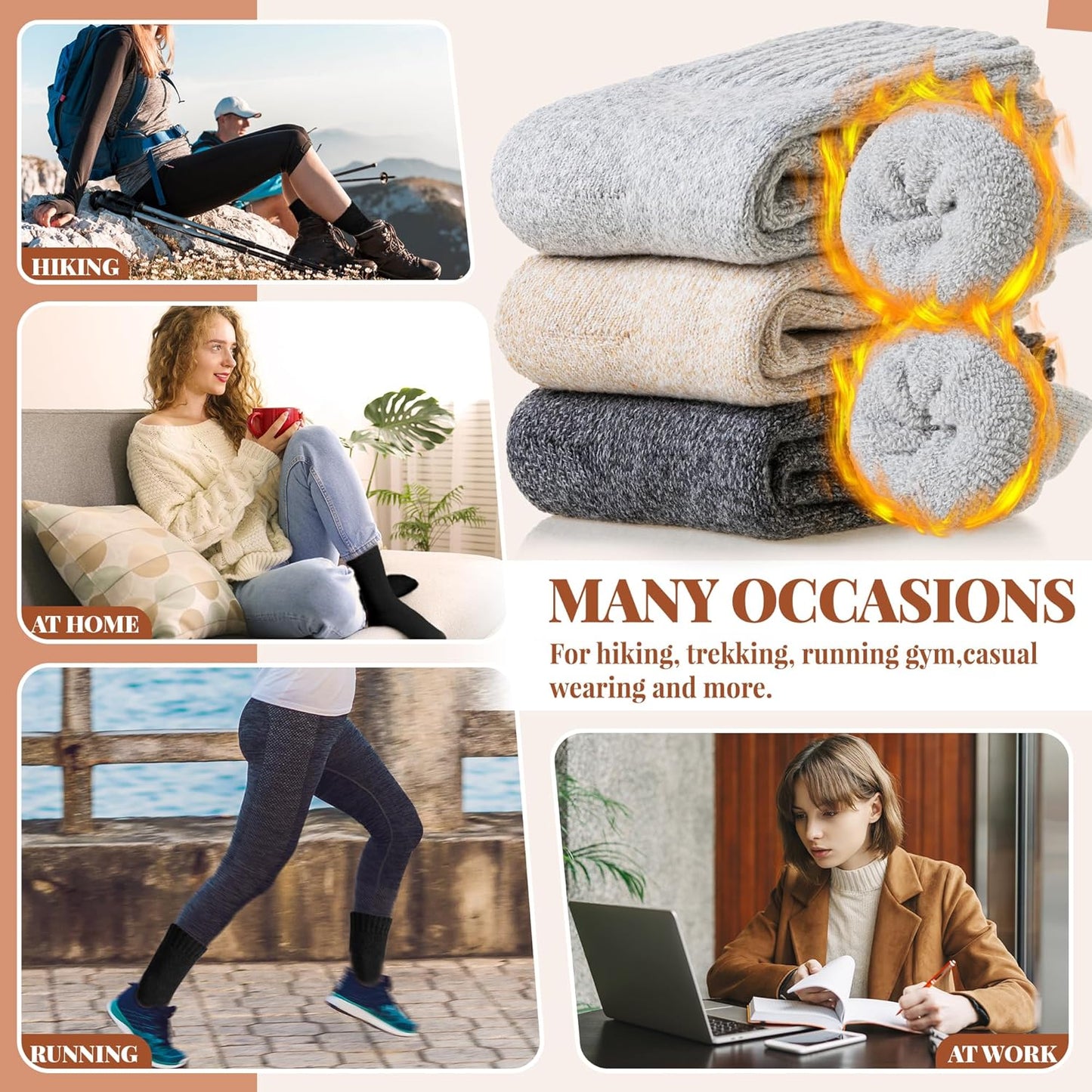 Women Wool Socks Thick Thermal Hiking Warm Winter Crew Cushion Cozy Work Boot Socks 5 Pairs