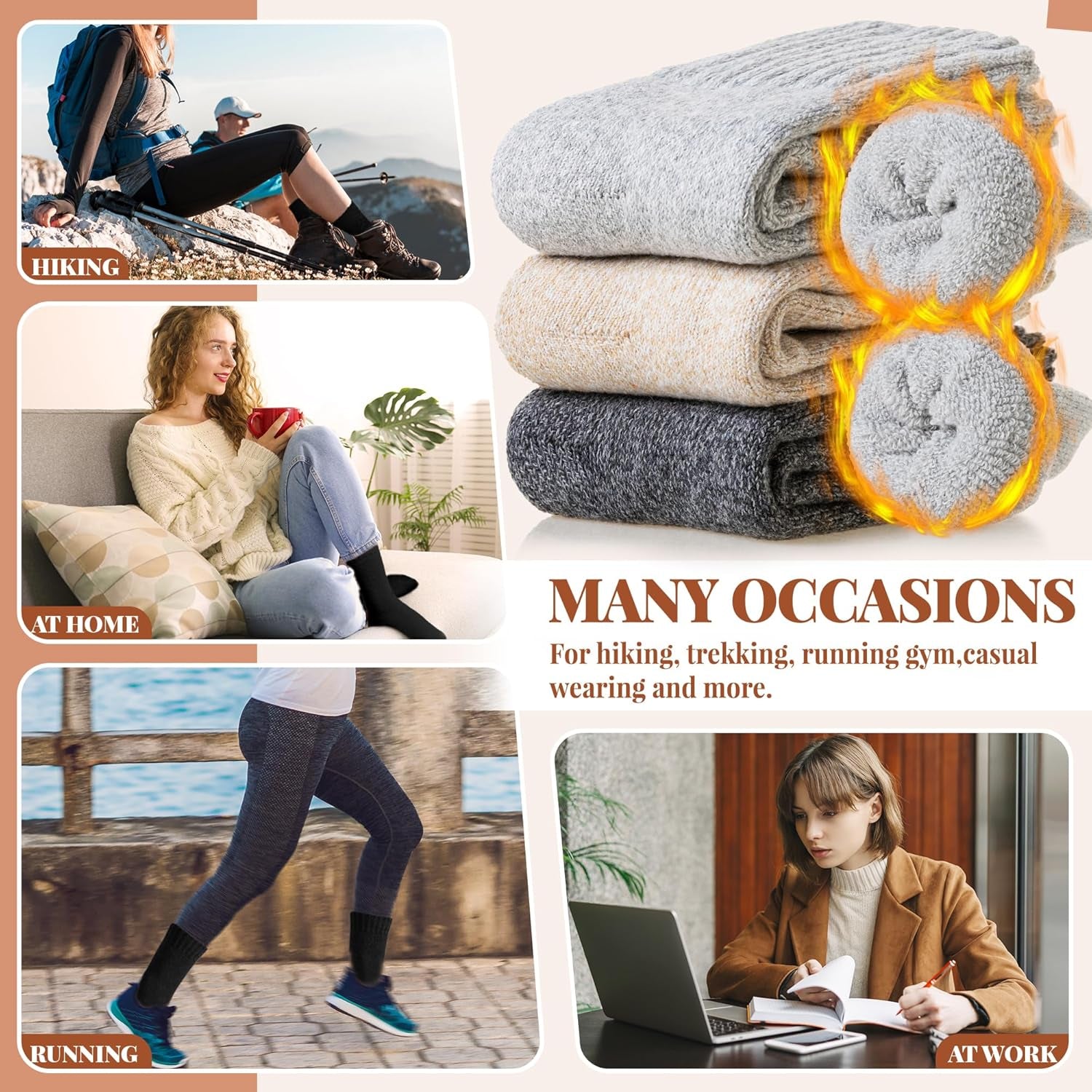 Women Wool Socks Thick Thermal Hiking Warm Winter Crew Cushion Cozy Work Boot Socks 5 Pairs