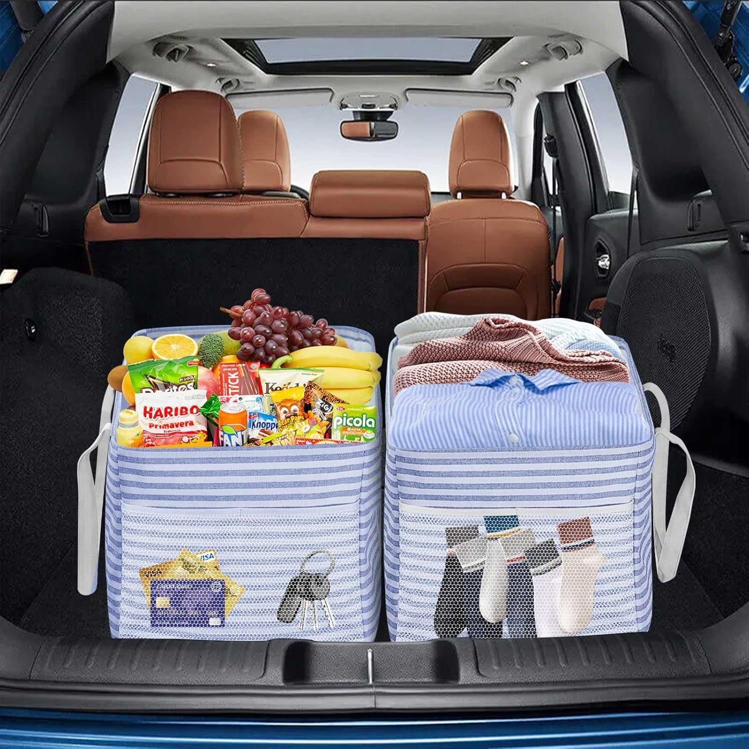 2 Pack Extra Large Utility Tote Bag with Metal Wire Frame and the Sides Rinforced, Extra Large Tote Bag with Handle, Reusable Grocery Bags Foldable, Beach Bag, Car Tote (Blue, 26''X15''X13'')