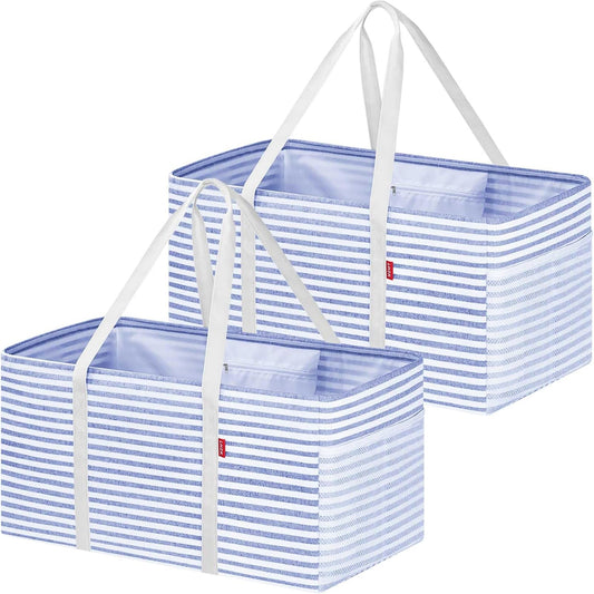 2 Pack Extra Large Utility Tote Bag with Metal Wire Frame and the Sides Rinforced, Extra Large Tote Bag with Handle, Reusable Grocery Bags Foldable, Beach Bag, Car Tote (Blue, 26''X15''X13'')