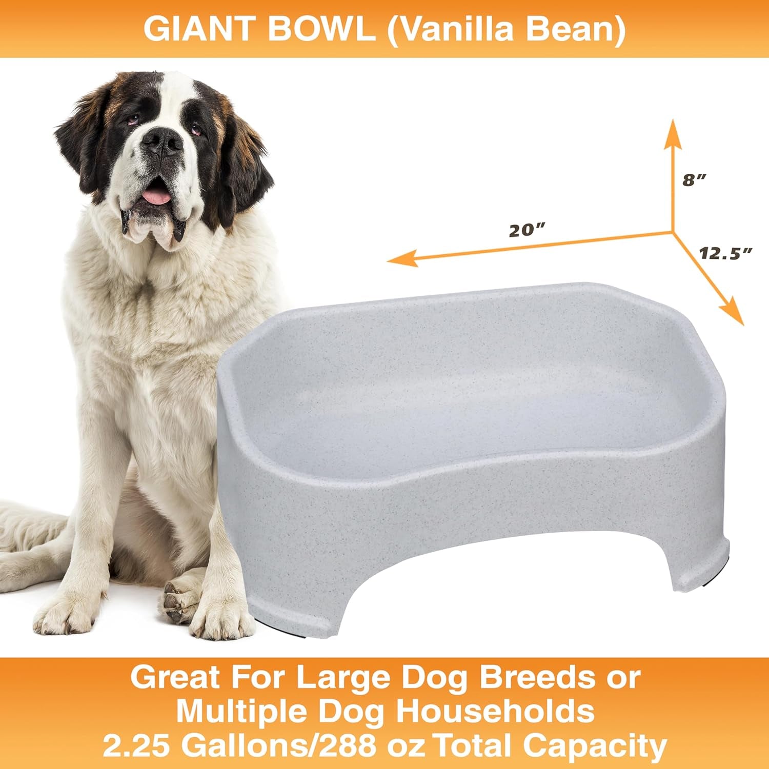 Extra Large Water Bowl for Dogs, Outdoor Dog Water Bowl (2.25 Gallon Extra-Large Capacity), Big Trough Style Food Dish for Indoors or Outside, No Spill Large Dog Bowls, Vanilla Bean