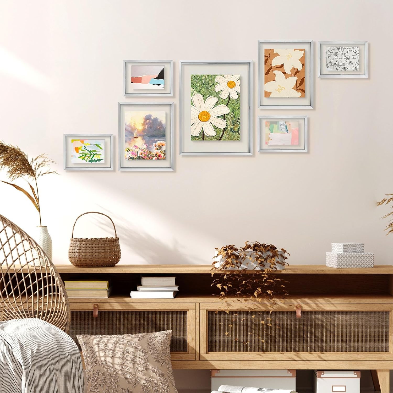 Silver Floating Picture Frame for 11X14, 2-8X10, 4-5X7 Photos, Metal, Modern or Contemporary, Wall Mount