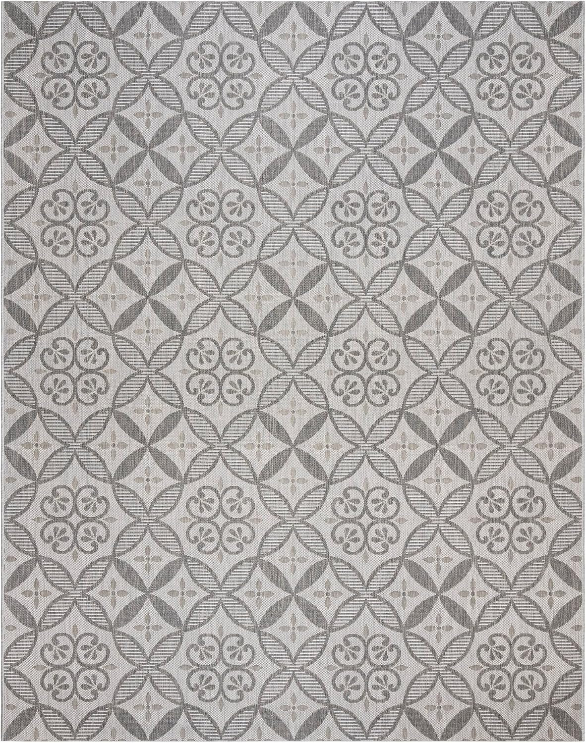Indoor/Outdoor Flatweave Area Rug - 8X10 Large, Stain & UV Resistant, Ideal for Deck, Patio, Poolside, Mudroom - Niala Floral Ash, Steel, 25445